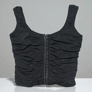 Shinestar Crop Top Nero Increspato Medio Stile Corsetto Gancio e Occhiello Canotta Anteriore - Foto 1 di 4