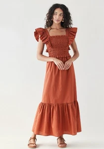 SEA New York Gladys Smocked Tiered Midi Dress XS Flutter Sleeve Rust Pockets NWT - Picture 1 of 10