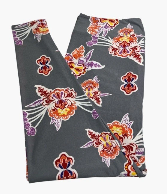 LuLaRoe Leggings TC2 Tall Curvy 2 GRAY Colorful Tropical Flower ORCHID Lotus Fun - Image 1 of 4