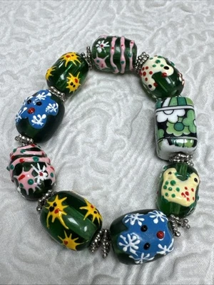 Lampwork Christmas Bracelet Glass Beads Snowmen, Doves and Abstract Patterns. - Image 1 of 4