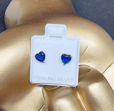 Sterling Silver Blue CZs Heart Shaped Stud Earrings Butterfly/Pushback New - Image 1 of 3