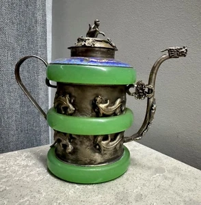 Teiera cinese vintage con decorazione cloisonné di scimmia e drago - Foto 1 di 12