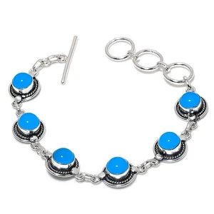 Blue Chalcedony Gemstone Handmade 925 Sterling Silver Jewelry Bracelet Sz 7-8" - Picture 1 of 1