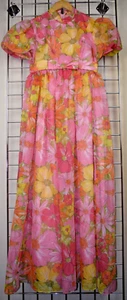 Vintage Dress Emma Domb Size S 60s Orange Pink Chiffon Layered Empire Waist - Picture 1 of 11