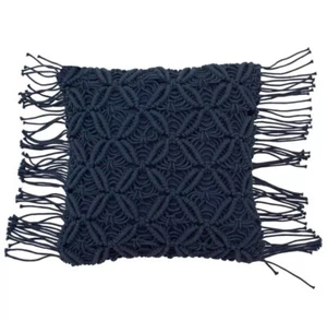 French Connection Avery Woven Macramé Tassel Fringe Decorative Throw Pillow Navy - Picture 1 of 6