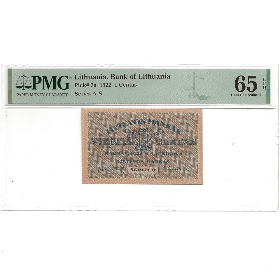 Lithuania 1922 1 centas UNC PMG 65 EPQ - Image 1 of 2