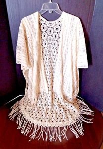 Womens Kimono One Size Cream Floral Lace Fringe Hem Open Front Romantic Boho - Picture 1 of 9