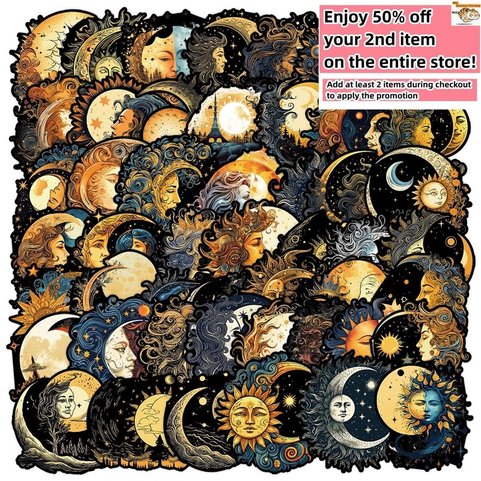 50 pegatinas de vinilo impermeables diosas nórdicas del sol y la luna equipaje teléfono computadora portátil Foto 1 de 4