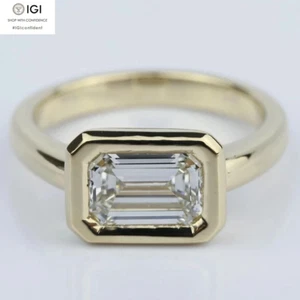 1.00 Cts D VVS2 Emerald Cut IGI Lab Grown Diamond Bezel Setting Ring 14K Gold - Picture 1 of 15