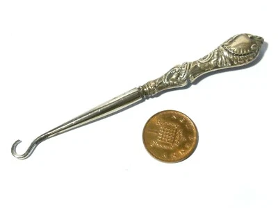 1899 Sterling Silver Handle Button Hook with Steel Hook 4" - Image 1 of 4
