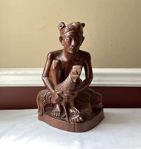 Grande statua vintage in legno sud-est asiatico, uomo con gallo, taglia 13", 8+ libbre - Foto 1 di 13