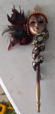 Venetian Carnival Masquerade Decorative Burgundy & Gold Face Mask On Stick 19"L - Image 1 of 4
