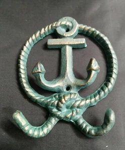 Nautical Key Robe Verdigris Round Rope Anchor Wall Hook Tropical Beach House - Picture 1 of 3
