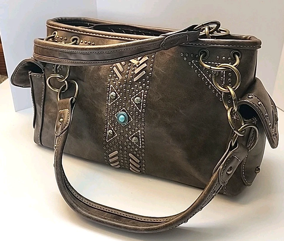 Montana West Purse Handbag  Metal Studded Brown Double Handle Heavy - Image 1 of 4