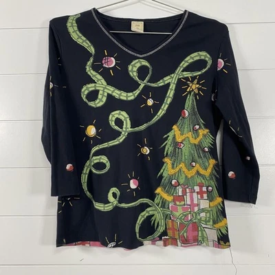 Jess & Jane Shirt Womens Medium Black Christmas Joy Rhinestone Holiday USA - Image 1 of 4