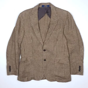 Polo Ralph Lauren Linen Blazer 40 50 Medium Sport Coat Jacket Beige Houndstooth - Picture 1 of 17