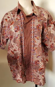 Keris Fashion Mens Shirt XL Brown / Purple/Orange Tribal Totemic Camp Hawaiian - Picture 1 of 8