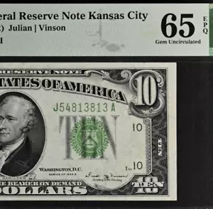 1934B $10 Federal Reserve Note PMG 65EPQ - Kansas City Gem - Vinson - Fr 2007-J - Picture 1 of 3