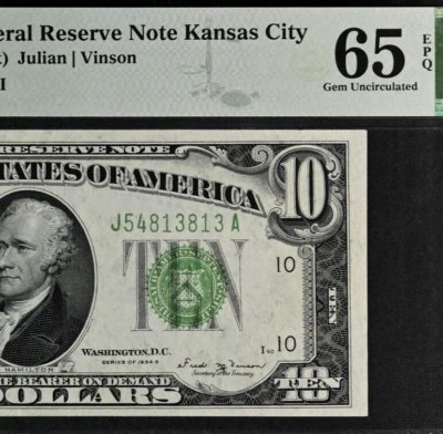 1934B $10 Federal Reserve Note PMG 65EPQ - Kansas City Gem - Vinson - Fr 2007-J - Image 1 of 3