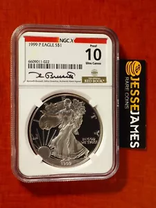 1999 P PROOF SILVER EAGLE NGC NGCX PF10 ULTRA CAMEO KEN BRESSETT SIGNED LABEL - Picture 1 of 2