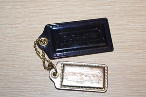 COACH Blue Plastic Gold Leather Replacement Purse Handbag Hang Tag Charm SET Two - Picture 1 of 6