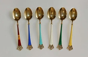 RETRO SET 6 GOLD GILT STERLING SILVER & ENAMEL COFFEE SPOONS -T. Olsen of Norway - Picture 1 of 18
