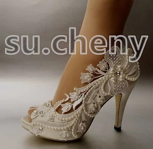 su.cheny 3"4"heel satin white ivory lace flower peep toe Wedding shoes size 5-11 - Picture 1 of 18