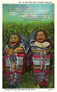 Native American PC. 'Sad Pair of Indian Papooses.' Babies Crying. Linen. UNP - Picture 1 of 2