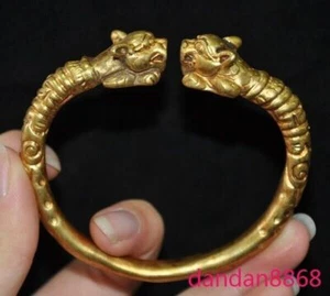 Old China Dynasty Palace Bronze gilt 24k gold Animal head Amulet bracelet Bangle - Picture 1 of 6
