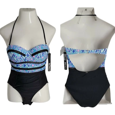 XOXO One-Piece Halter Cute Classy Swimsuit ~ Black, Teal ~ Sz M ~ Retail $95 - Image 1 of 4