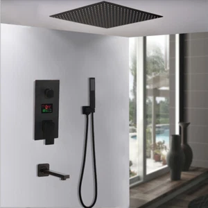 16"Ceiling Mount Shower Faucet Black Square Rain Handheld Jets Digital Valve Tap - Picture 1 of 2