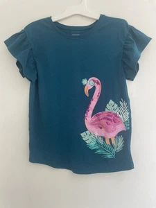 Jumping Beans Kid Girl Sequin Flamingo Graphic Ruffle Short Sleeve Shirt Teal 10 - Picture 1 of 5