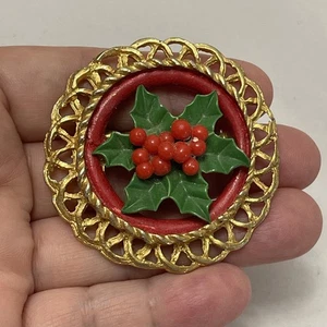 Vintage Christmas Wreath Holly Brooch | 1960s Holiday Wreath Pin | - Picture 1 of 5
