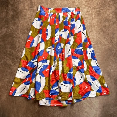 Vintage 60s Multicolor Abstract Floral Satin Midi Skirt Pleated A Line Retro  - Image 1 of 4