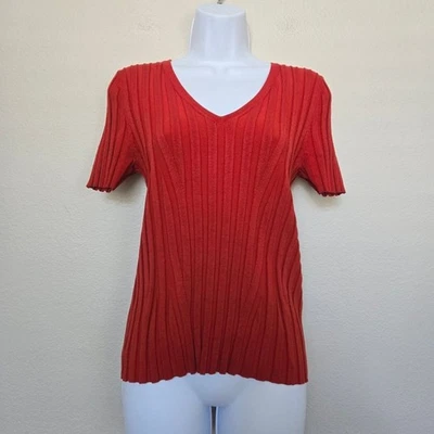 Suéter tejido acanalado cuello en V naranja Sweaterworks para mujer talla pequeña otoño Foto 1 de 4