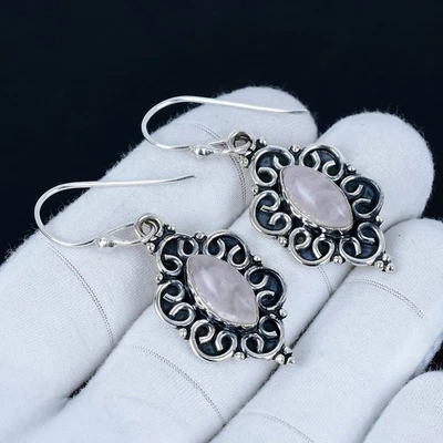 Orecchini In Quarzo Rosa In Argento Sterling 925 Per Regali Di Natale - Immagine 1 di 4