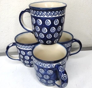 Polish Pottery 12 oz Coffee Mugs Blue Swirl Handmade Boleslawiec Poland Set of 4 - Picture 1 of 8