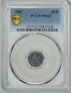 1867  3CS  PCGS PR63  *  3 Cent Silver Proof  *  #59837048 - Picture 1 of 4