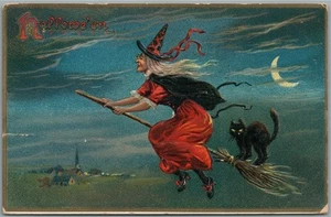 BRUJA HALLOWEEN VOLANDO EN HABITACIÓN con GATO NEGRO POSTAL ANTIGUA - Imagen 1 de 2