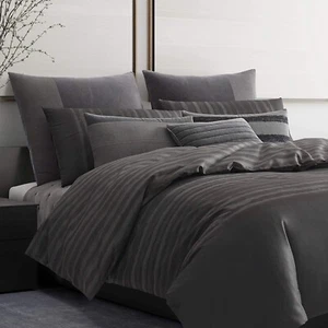 Vera Wang Grey Duvet SHADOW STRIPE DUVET 2 SHAMS CHARCOAL GREY COTTON NEW $700 - Picture 1 of 11