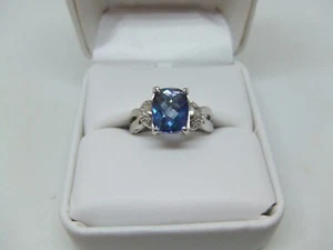 10k white gold blue topaz & diamond ring size 7 - Picture 1 of 11