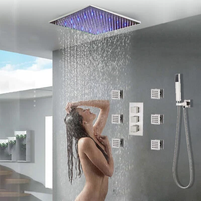 TOPSHOWER Ceiling Mount 12 inch LED Rain Shower Faucet &Hand Shower Mixer Brushed Nickel