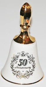 CHINA GLASS GOLD WHITE BELL RING 50 50TH WEDDING ANNIVERSARY CHRISTMAS MARRIAGE  - Picture 1 of 1