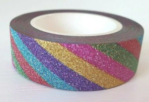 RAINBOW STRIPPED GLITTER Washi Tape 15mmx10M Journal Craft Masking Adhesive Bujo - Picture 1 of 3