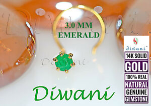 3.0mm 100% Natural EMERALD Gemstone Wedding 14k Gold Nose Piercing Stud Ring Pin