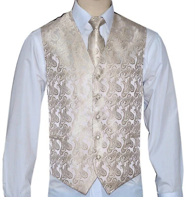 Champagne Ivory Men's Paisley Design Tuxedo Suit Dress Vest Waistcoat & Necktie - Image 1 of 4