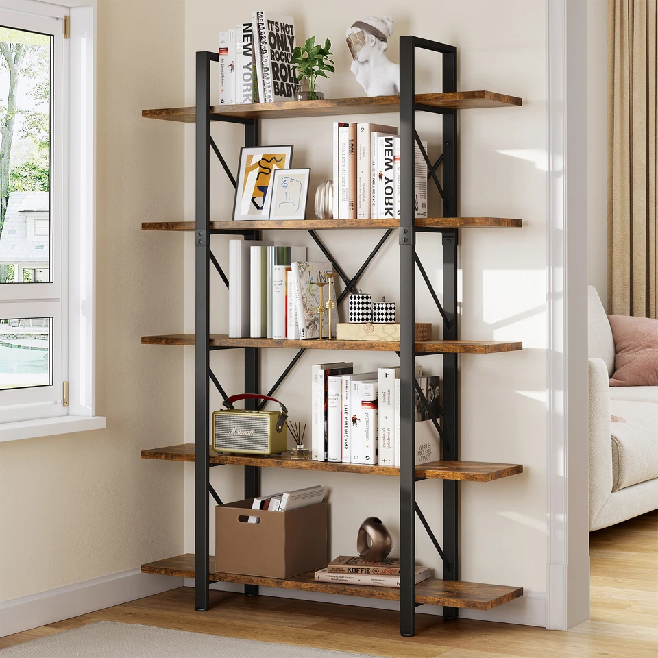71" Tall Industrial Bookshelf Rustic Wood Bookcase Wide Display Storage Shelves - Image 1 of 4