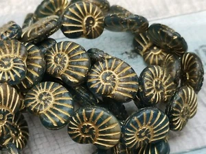 5 Czech glass shell ammonite snail beads - greyish blue & gold - 17 x 13 mm - Picture 1 of 6