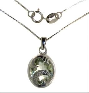 Rare Natural Green Amethyst & Diamond Crescent Moon Necklace - Picture 1 of 8