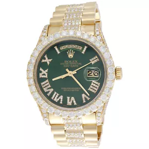 Rolex President Day-Date 18038 Diamond Watch 18K Gold 36mm Green Roman 10.73 CT - Picture 1 of 11